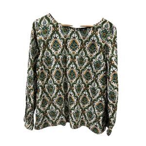 Talbots Green and White Paisley Print Long Sleeve Blouse